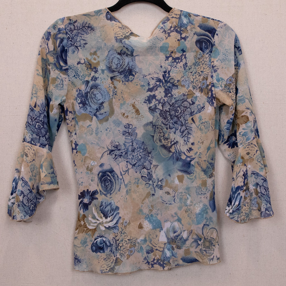 90s A. Byer sheer beige blue floral tiered sleeve top-S - Picture 5 of 5